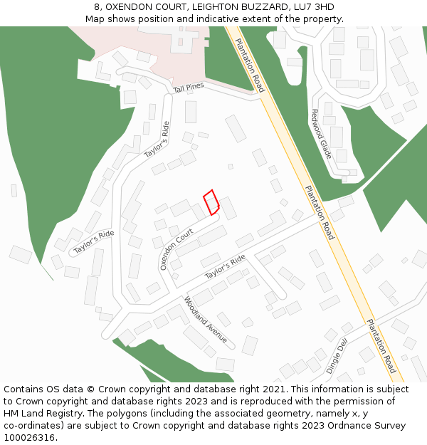 8, OXENDON COURT, LEIGHTON BUZZARD, LU7 3HD: Location map and indicative extent of plot