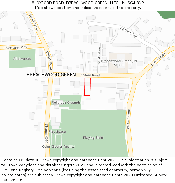 8, OXFORD ROAD, BREACHWOOD GREEN, HITCHIN, SG4 8NP: Location map and indicative extent of plot