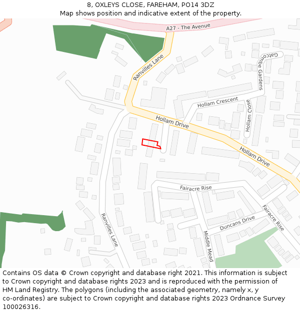 8, OXLEYS CLOSE, FAREHAM, PO14 3DZ: Location map and indicative extent of plot