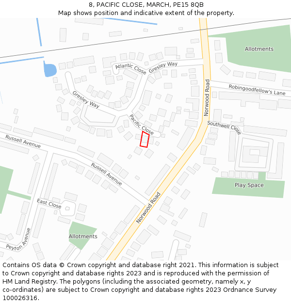 8, PACIFIC CLOSE, MARCH, PE15 8QB: Location map and indicative extent of plot