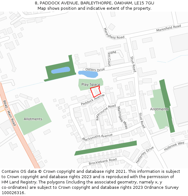 8, PADDOCK AVENUE, BARLEYTHORPE, OAKHAM, LE15 7GU: Location map and indicative extent of plot