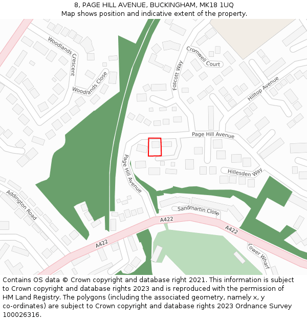 8, PAGE HILL AVENUE, BUCKINGHAM, MK18 1UQ: Location map and indicative extent of plot