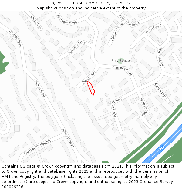 8, PAGET CLOSE, CAMBERLEY, GU15 1PZ: Location map and indicative extent of plot