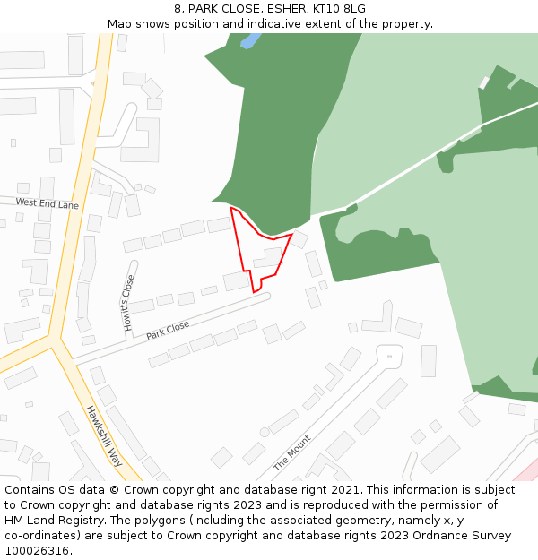 8, PARK CLOSE, ESHER, KT10 8LG: Location map and indicative extent of plot