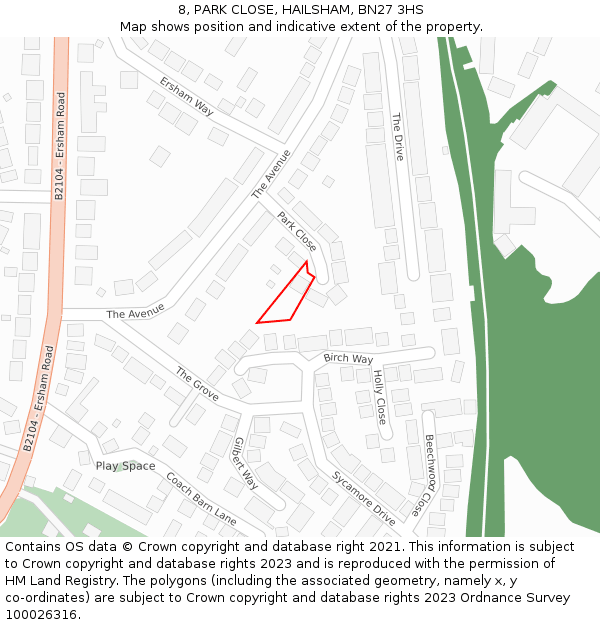 8, PARK CLOSE, HAILSHAM, BN27 3HS: Location map and indicative extent of plot