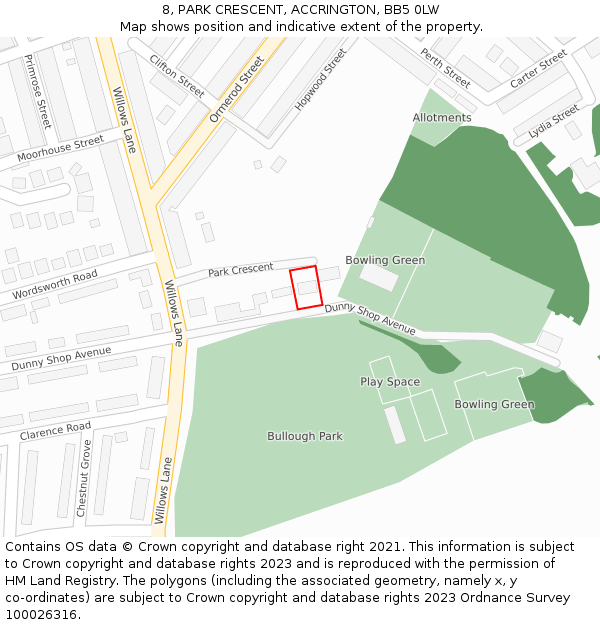 8, PARK CRESCENT, ACCRINGTON, BB5 0LW: Location map and indicative extent of plot