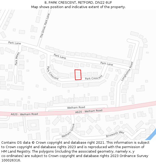 8, PARK CRESCENT, RETFORD, DN22 6UF: Location map and indicative extent of plot