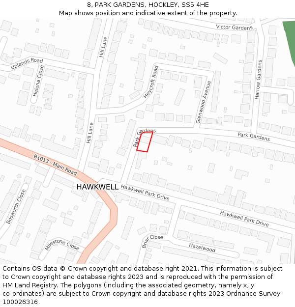 8, PARK GARDENS, HOCKLEY, SS5 4HE: Location map and indicative extent of plot