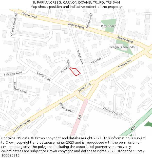 8, PARKANCREEG, CARNON DOWNS, TRURO, TR3 6HN: Location map and indicative extent of plot