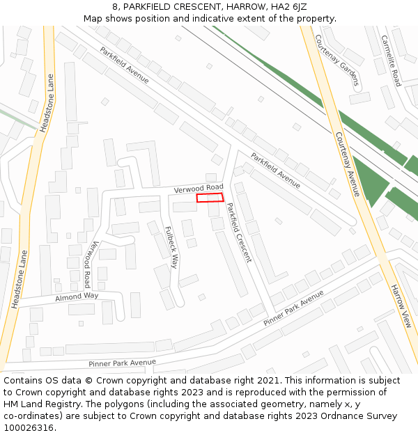 8, PARKFIELD CRESCENT, HARROW, HA2 6JZ: Location map and indicative extent of plot