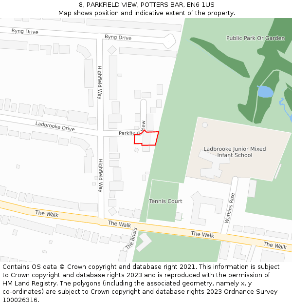 8, PARKFIELD VIEW, POTTERS BAR, EN6 1US: Location map and indicative extent of plot