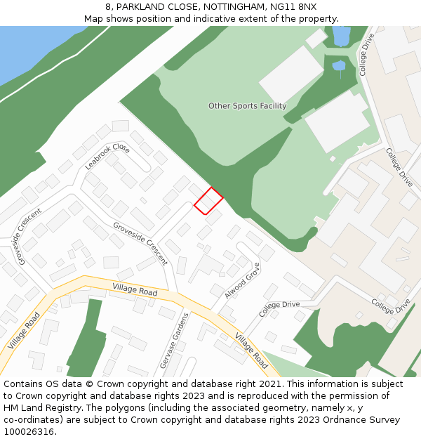 8, PARKLAND CLOSE, NOTTINGHAM, NG11 8NX: Location map and indicative extent of plot