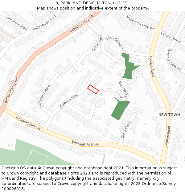 8, PARKLAND DRIVE, LUTON, LU1 3SU: Location map and indicative extent of plot