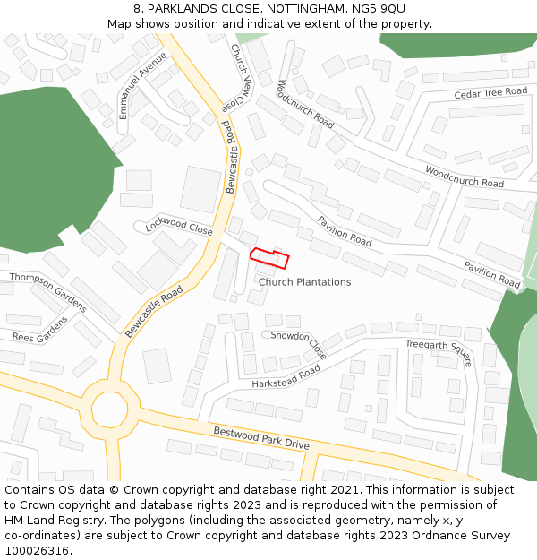 8, PARKLANDS CLOSE, NOTTINGHAM, NG5 9QU: Location map and indicative extent of plot