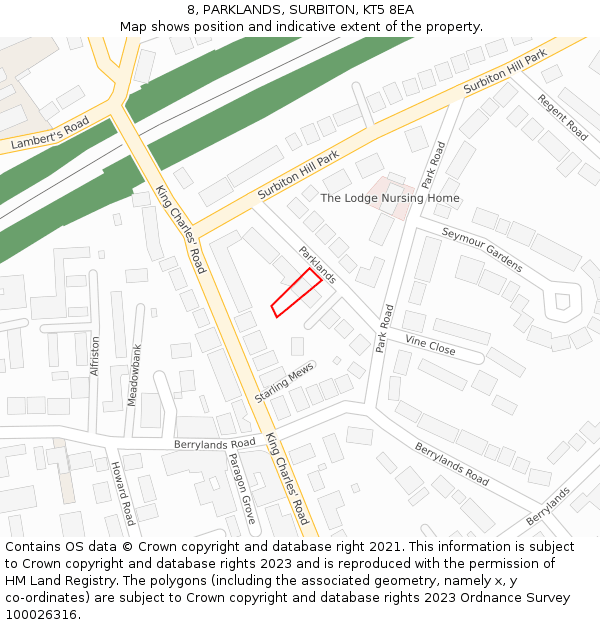 8, PARKLANDS, SURBITON, KT5 8EA: Location map and indicative extent of plot