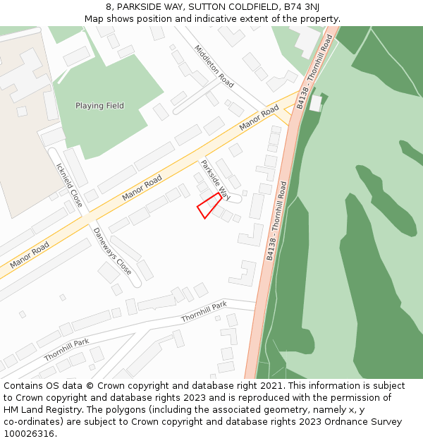 8, PARKSIDE WAY, SUTTON COLDFIELD, B74 3NJ: Location map and indicative extent of plot