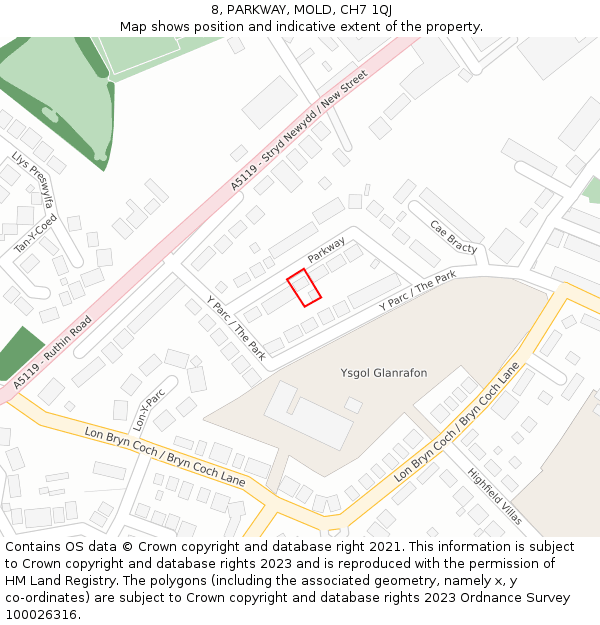 8, PARKWAY, MOLD, CH7 1QJ: Location map and indicative extent of plot