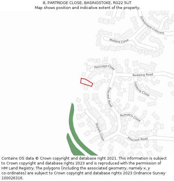 8, PARTRIDGE CLOSE, BASINGSTOKE, RG22 5UT: Location map and indicative extent of plot