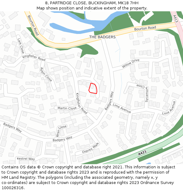 8, PARTRIDGE CLOSE, BUCKINGHAM, MK18 7HH: Location map and indicative extent of plot