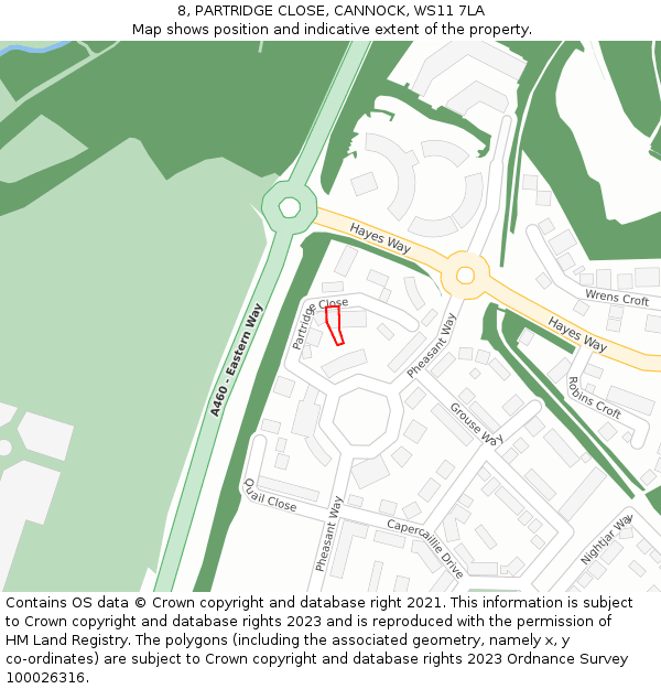 8, PARTRIDGE CLOSE, CANNOCK, WS11 7LA: Location map and indicative extent of plot