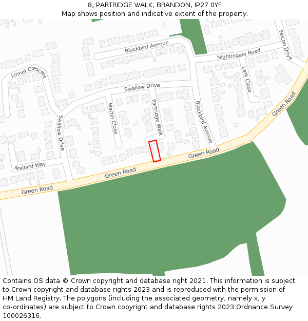 8, PARTRIDGE WALK, BRANDON, IP27 0YF: Location map and indicative extent of plot