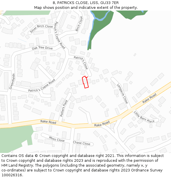 8, PATRICKS CLOSE, LISS, GU33 7ER: Location map and indicative extent of plot