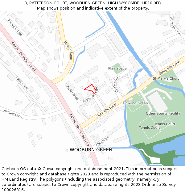 8, PATTERSON COURT, WOOBURN GREEN, HIGH WYCOMBE, HP10 0FD: Location map and indicative extent of plot