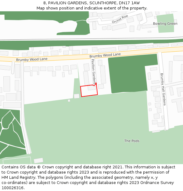 8, PAVILION GARDENS, SCUNTHORPE, DN17 1AW: Location map and indicative extent of plot