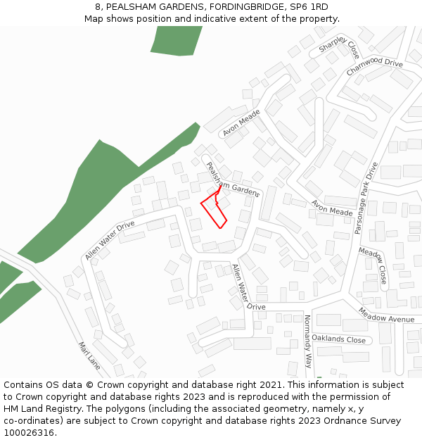 8, PEALSHAM GARDENS, FORDINGBRIDGE, SP6 1RD: Location map and indicative extent of plot