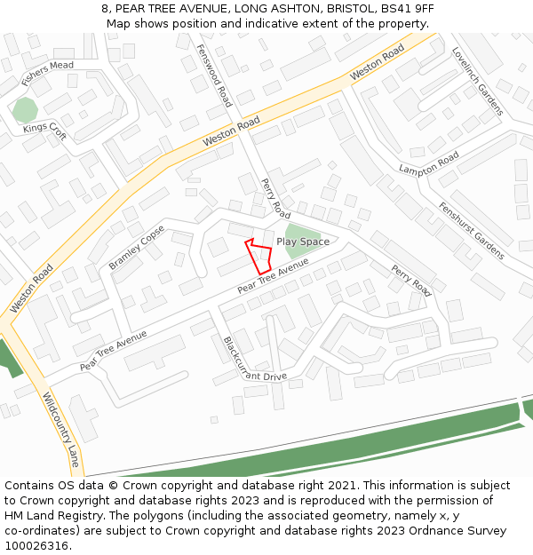 8, PEAR TREE AVENUE, LONG ASHTON, BRISTOL, BS41 9FF: Location map and indicative extent of plot