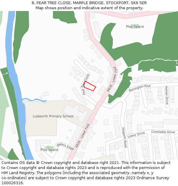 8, PEAR TREE CLOSE, MARPLE BRIDGE, STOCKPORT, SK6 5ER: Location map and indicative extent of plot