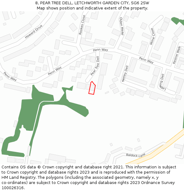 8, PEAR TREE DELL, LETCHWORTH GARDEN CITY, SG6 2SW: Location map and indicative extent of plot