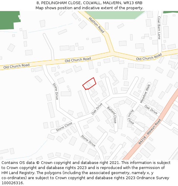 8, PEDLINGHAM CLOSE, COLWALL, MALVERN, WR13 6RB: Location map and indicative extent of plot