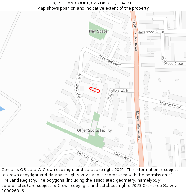 8, PELHAM COURT, CAMBRIDGE, CB4 3TD: Location map and indicative extent of plot