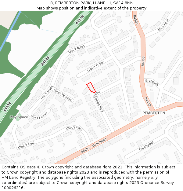 8, PEMBERTON PARK, LLANELLI, SA14 8NN: Location map and indicative extent of plot