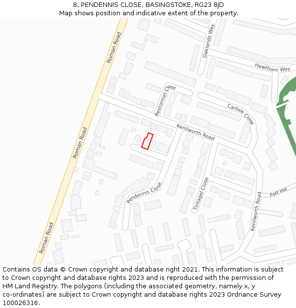 8, PENDENNIS CLOSE, BASINGSTOKE, RG23 8JD: Location map and indicative extent of plot