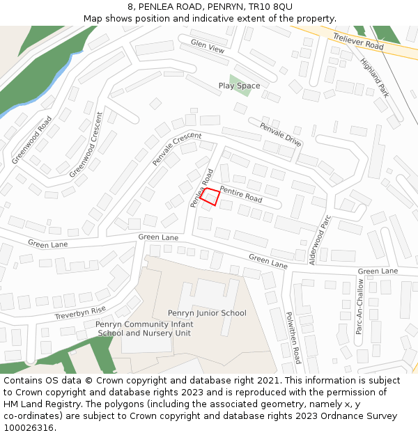 8, PENLEA ROAD, PENRYN, TR10 8QU: Location map and indicative extent of plot