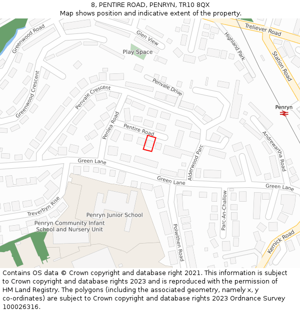 8, PENTIRE ROAD, PENRYN, TR10 8QX: Location map and indicative extent of plot