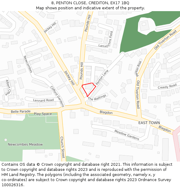 8, PENTON CLOSE, CREDITON, EX17 1BQ: Location map and indicative extent of plot