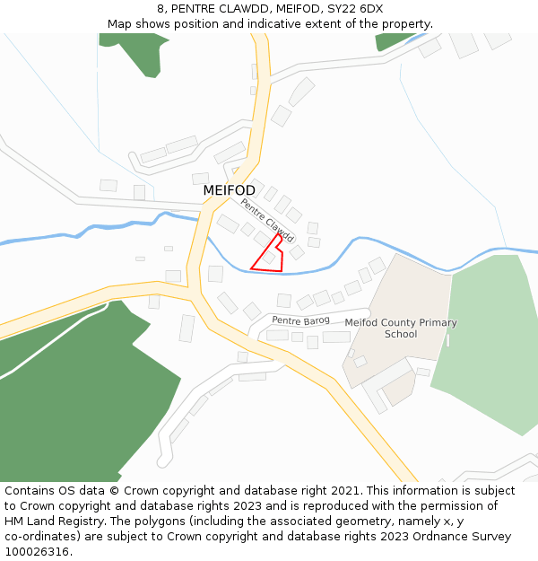 8, PENTRE CLAWDD, MEIFOD, SY22 6DX: Location map and indicative extent of plot