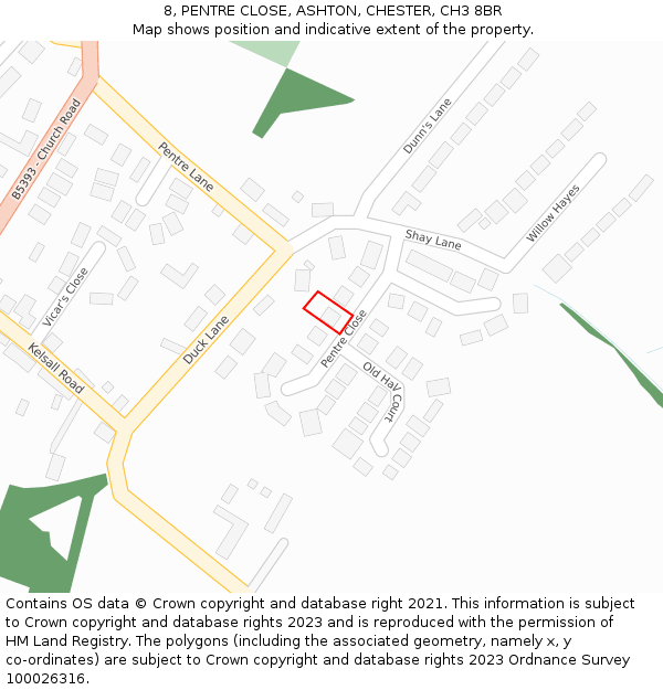 8, PENTRE CLOSE, ASHTON, CHESTER, CH3 8BR: Location map and indicative extent of plot