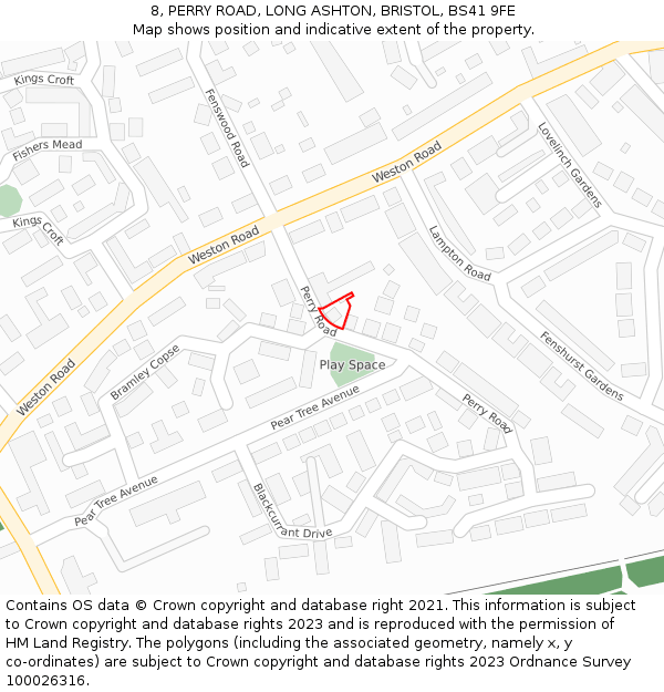 8, PERRY ROAD, LONG ASHTON, BRISTOL, BS41 9FE: Location map and indicative extent of plot