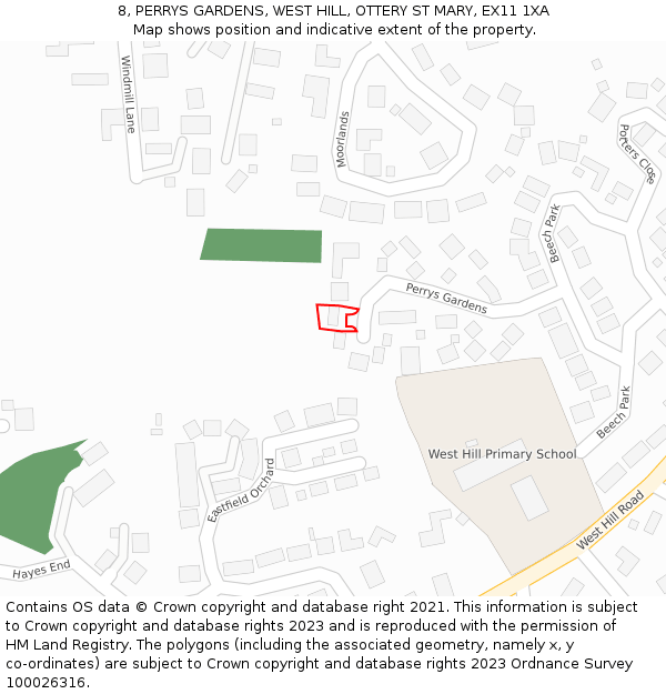 8, PERRYS GARDENS, WEST HILL, OTTERY ST MARY, EX11 1XA: Location map and indicative extent of plot
