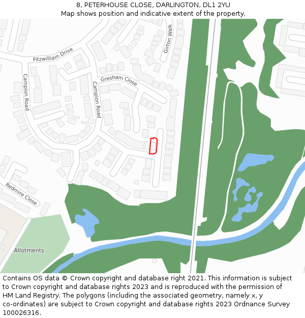 8, PETERHOUSE CLOSE, DARLINGTON, DL1 2YU: Location map and indicative extent of plot