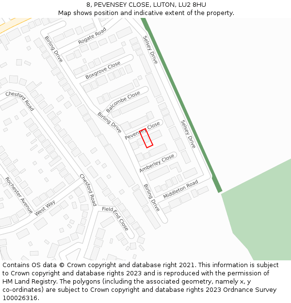 8, PEVENSEY CLOSE, LUTON, LU2 8HU: Location map and indicative extent of plot