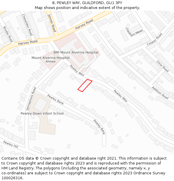 8, PEWLEY WAY, GUILDFORD, GU1 3PY: Location map and indicative extent of plot