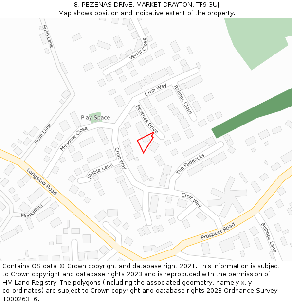 8, PEZENAS DRIVE, MARKET DRAYTON, TF9 3UJ: Location map and indicative extent of plot