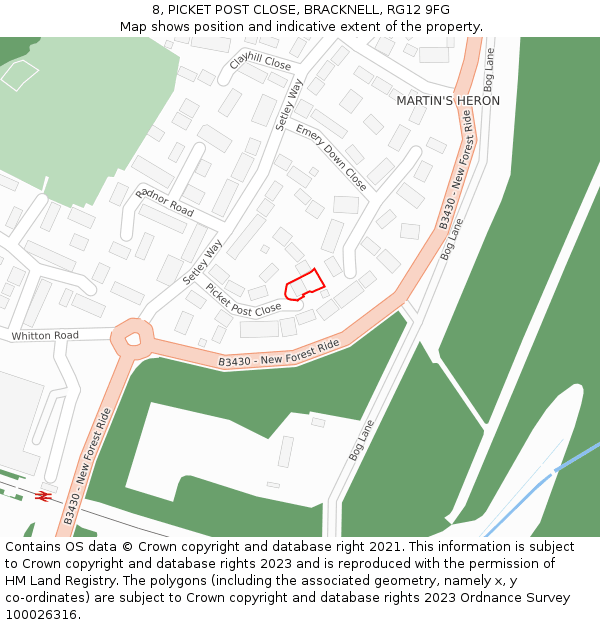 8, PICKET POST CLOSE, BRACKNELL, RG12 9FG: Location map and indicative extent of plot