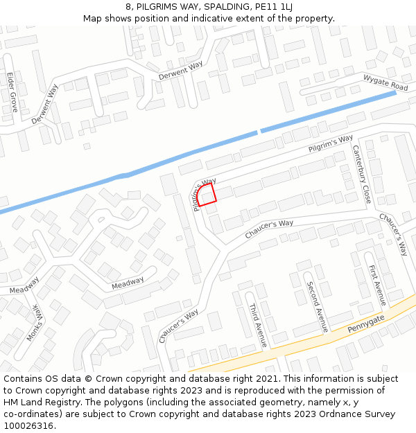 8, PILGRIMS WAY, SPALDING, PE11 1LJ: Location map and indicative extent of plot