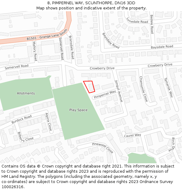 8, PIMPERNEL WAY, SCUNTHORPE, DN16 3DD: Location map and indicative extent of plot